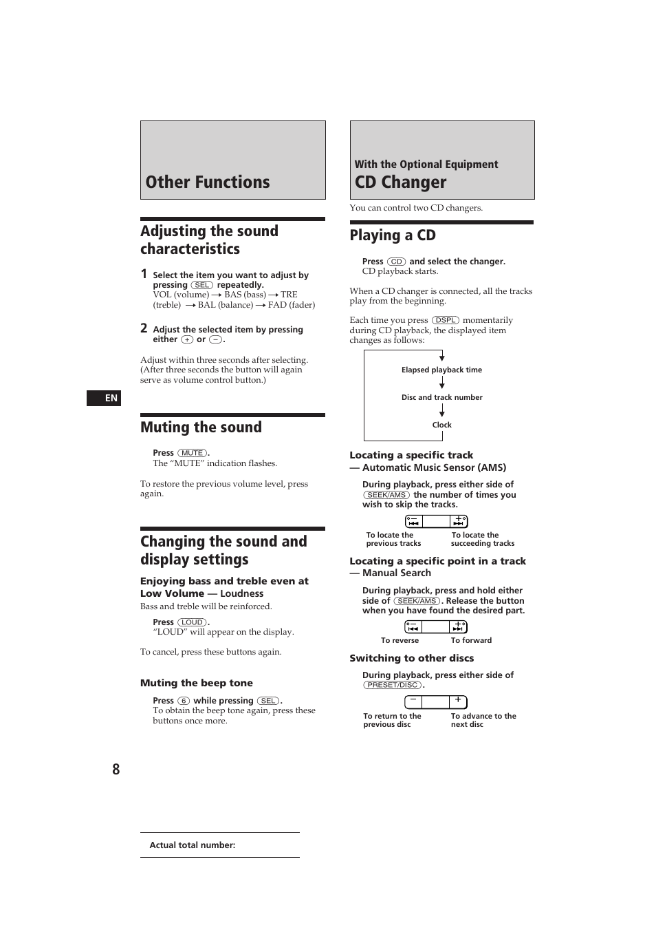 Other functions, Cd changer, Adjusting the sound characteristics | Muting the sound, Changing the sound and display settings, Playing a cd | Sony XR-C290 User Manual | Page 8 / 33