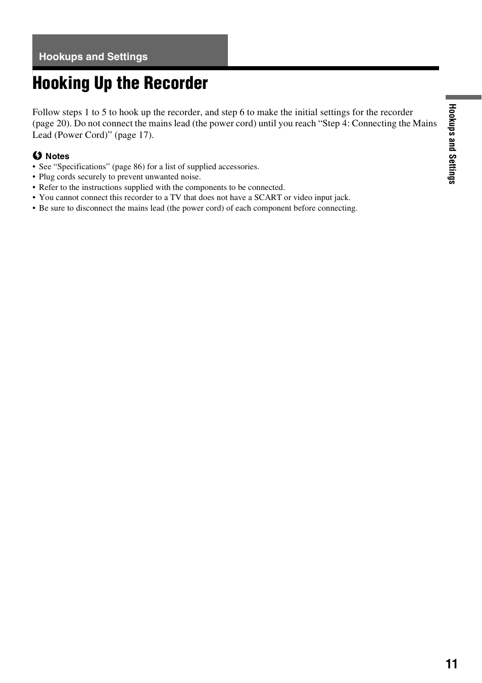 Hookups and settings, Hooking up the recorder | Sony RDR-GX380 User Manual | Page 11 / 92