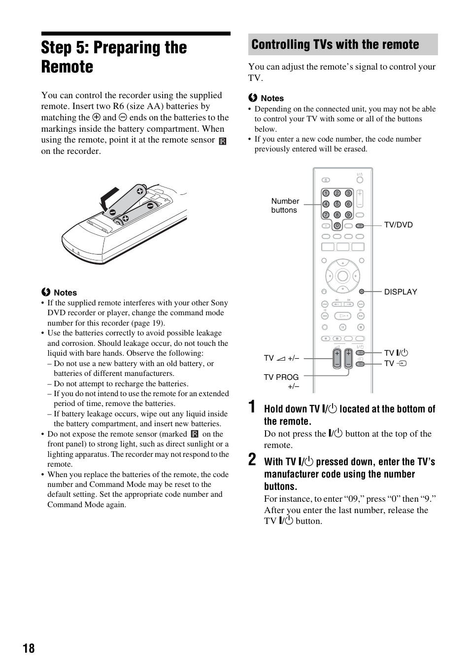 Step 5: preparing the remote, Tv/dvd (18), T) (18) | Controlling tvs with the remote | Sony RDR-GX380 User Manual | Page 18 / 92