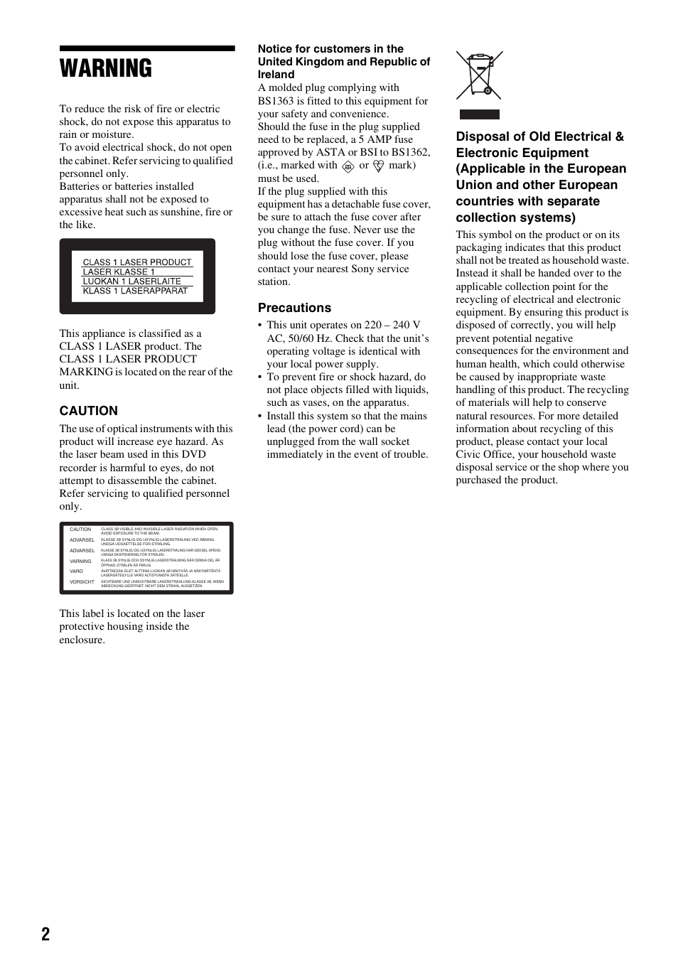 Warning, Caution, Precautions | Sony RDR-GX380 User Manual | Page 2 / 92