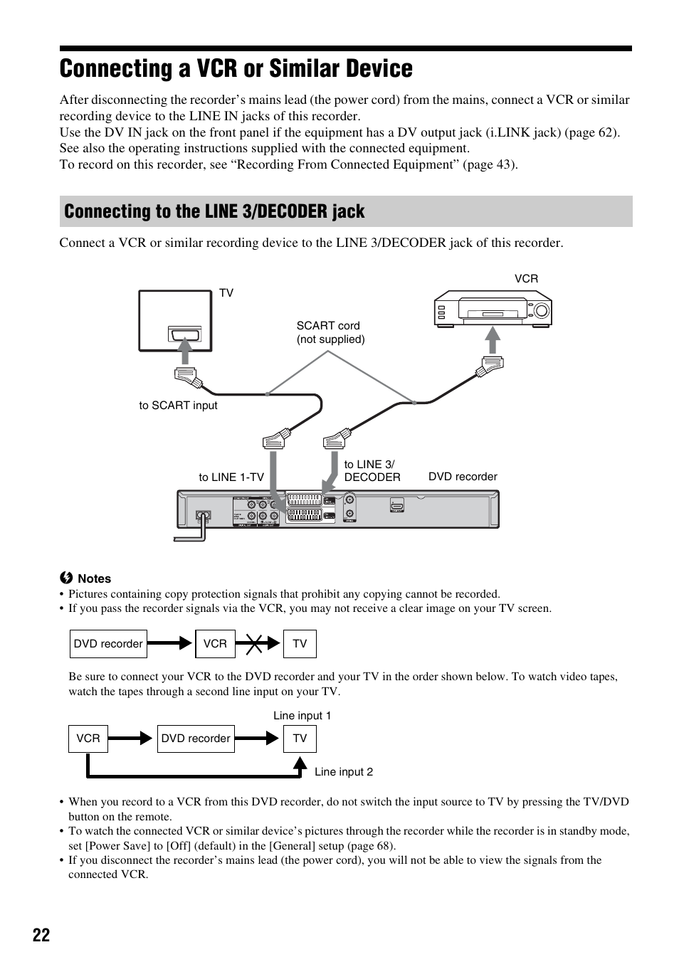 Connecting a vcr or similar device, Connecting to the line 3/decoder jack | Sony RDR-GX380 User Manual | Page 22 / 92