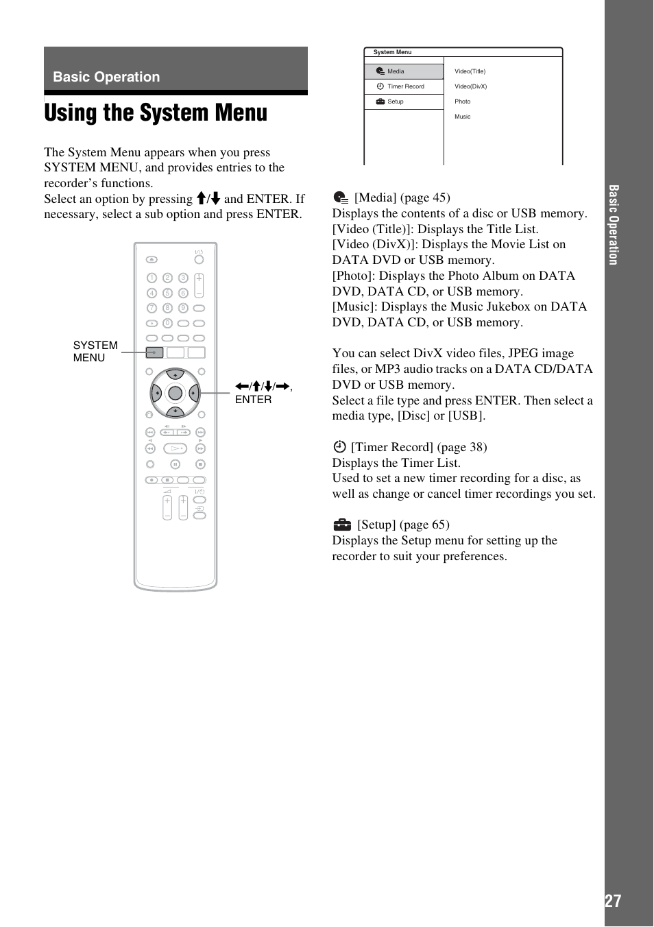 Basic operation, Using the system menu, Nu (27) | Sony RDR-GX380 User Manual | Page 27 / 92