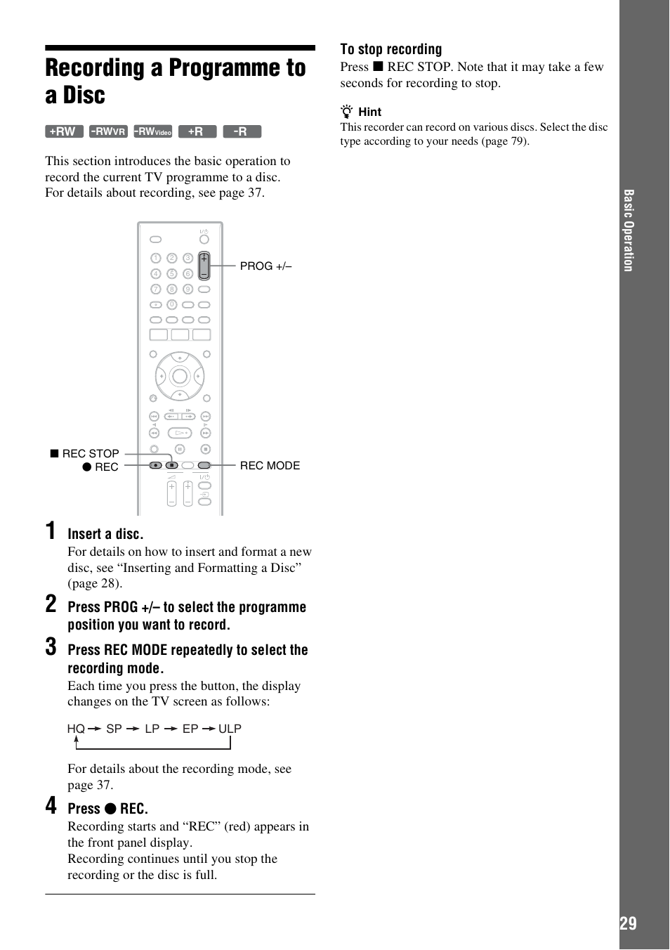 Recording a programme to a disc | Sony RDR-GX380 User Manual | Page 29 / 92