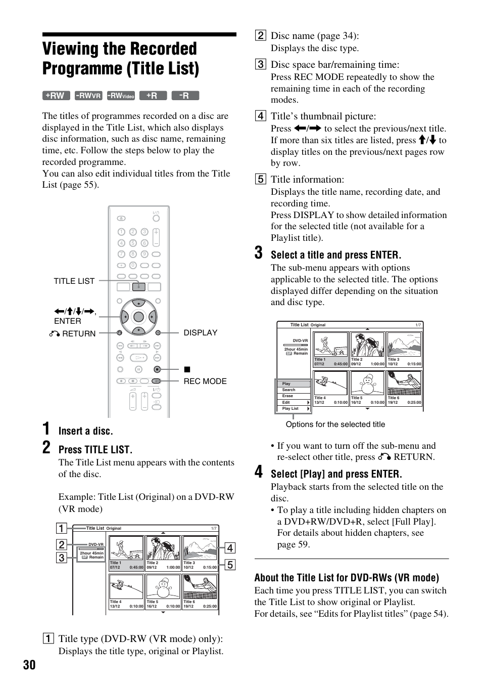 Viewing the recorded programme (title list), Insert a disc, Press title list | A title type (dvd-rw (vr mode) only), B disc name (page 34), C disc space bar/remaining time, D title’s thumbnail picture, E title information, Select a title and press enter, Select [play] and press enter | Sony RDR-GX380 User Manual | Page 30 / 92