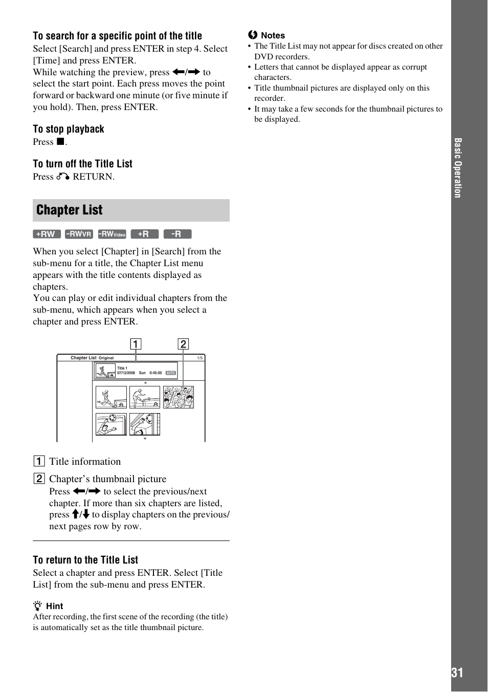 Chapter list, A title information b chapter’s thumbnail picture | Sony RDR-GX380 User Manual | Page 31 / 92