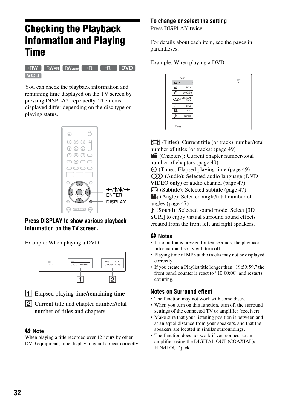 Checking the playback information and playing time, Splay (32), Example: when playing a dvd | Sony RDR-GX380 User Manual | Page 32 / 92