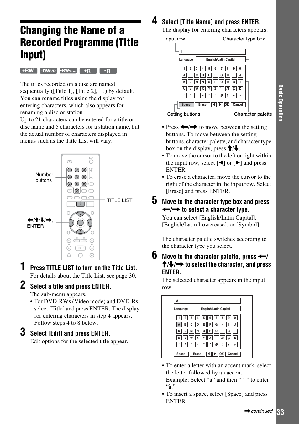 Press title list to turn on the title list, Select a title and press enter, Select [edit] and press enter | Select [title name] and press enter, For details about the title list , see page 30, Edit options for the selected title appear | Sony RDR-GX380 User Manual | Page 33 / 92