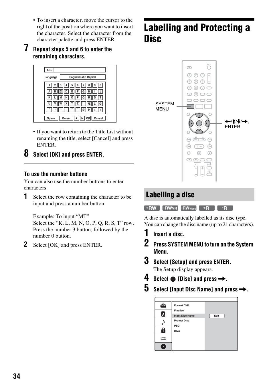 Labelling and protecting a disc, Labelling a disc, Insert a disc | Press system menu to turn on the system menu, Select [setup] and press enter, Select [disc] and press, Select [input disc name] and press, Select [ok] and press enter, The setup display appears | Sony RDR-GX380 User Manual | Page 34 / 92