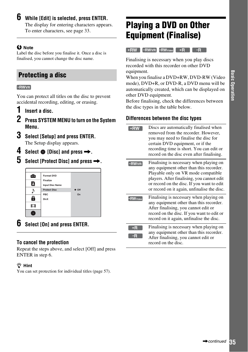 Playing a dvd on other equipment (finalise), Protecting a disc | Sony RDR-GX380 User Manual | Page 35 / 92