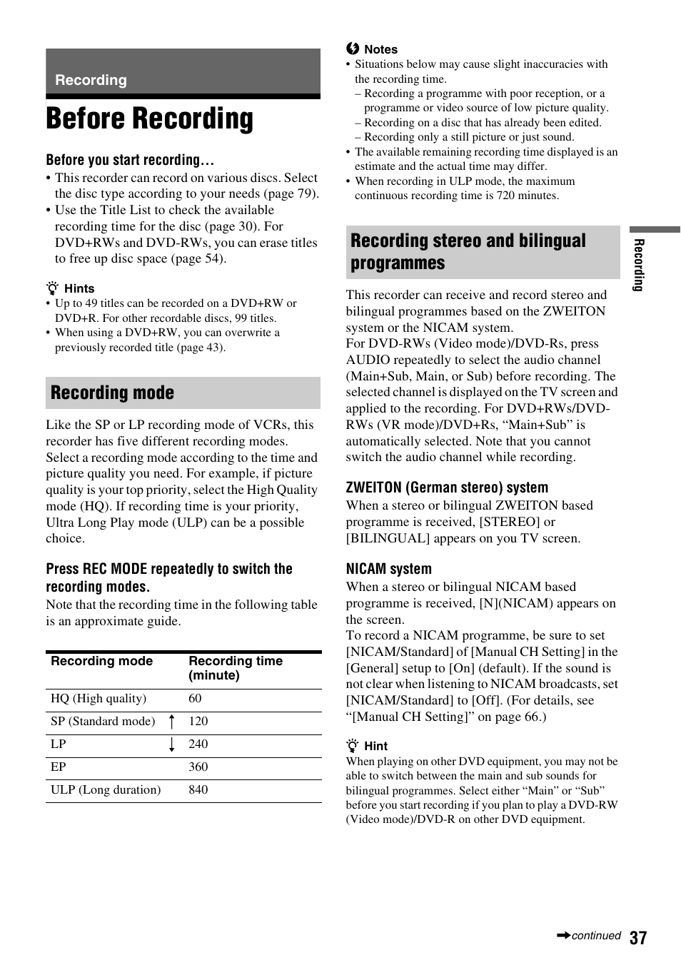 Recording, Before recording, Recording mode | Recording stereo and bilingual programmes | Sony RDR-GX380 User Manual | Page 37 / 92