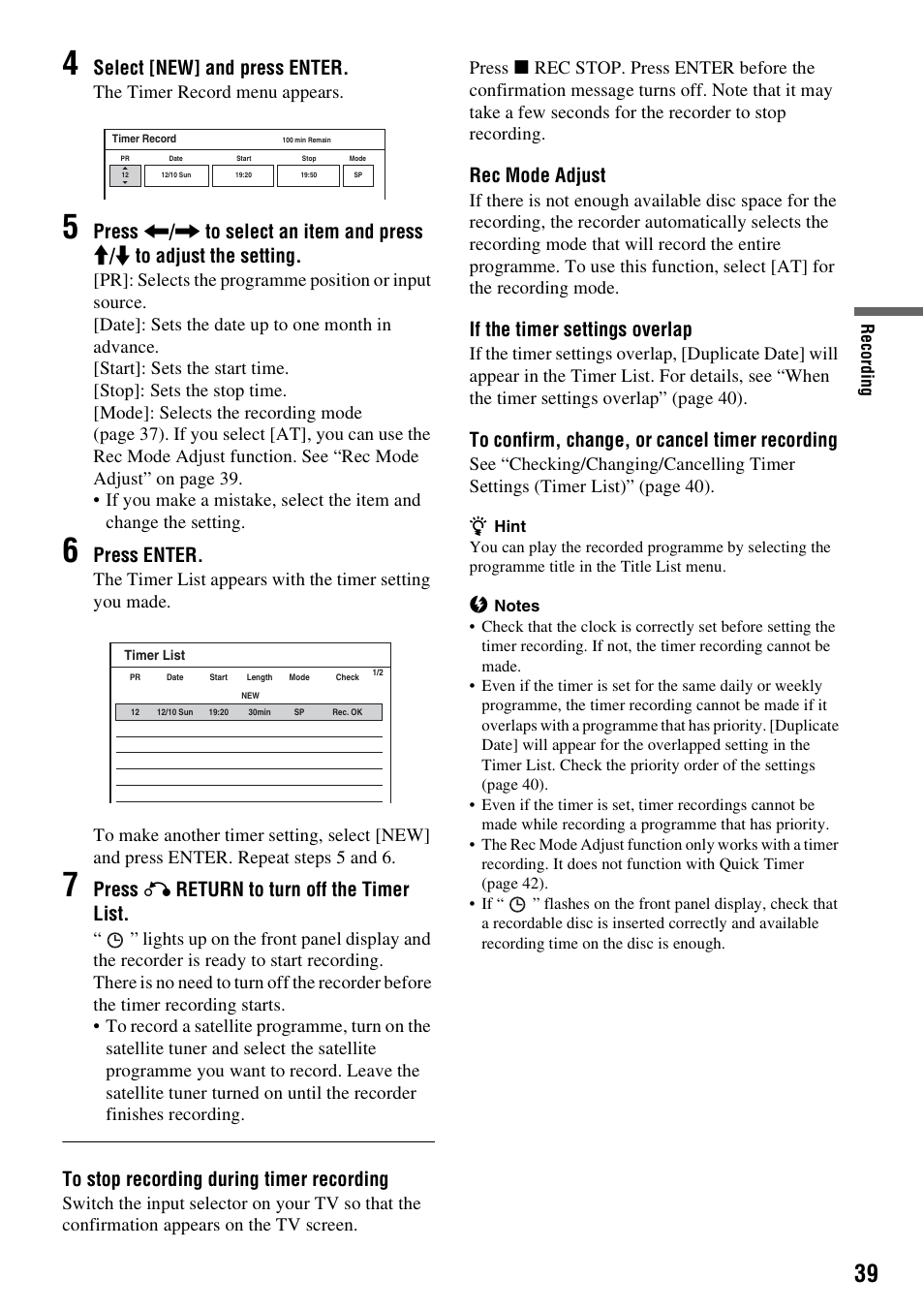 Select [new] and press enter, Press enter, Press o return to turn off the timer list | Rec mode adjust, If the timer settings overlap, The timer record menu appears | Sony RDR-GX380 User Manual | Page 39 / 92