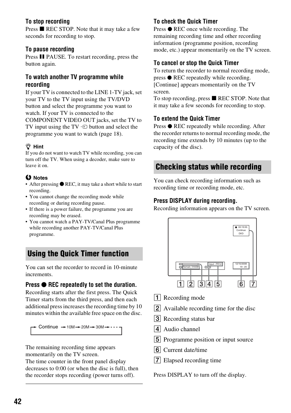 Using the quick timer function, Checking status while recording, Press z rec repeatedly to set the duration | Press display during recording | Sony RDR-GX380 User Manual | Page 42 / 92