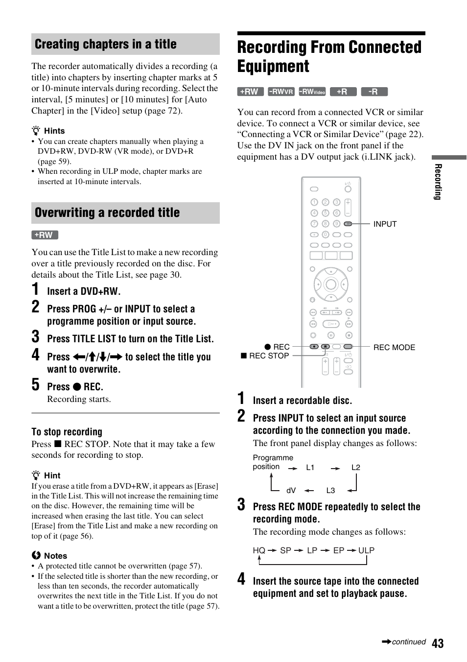 Recording from connected equipment, T) (43) | Sony RDR-GX380 User Manual | Page 43 / 92