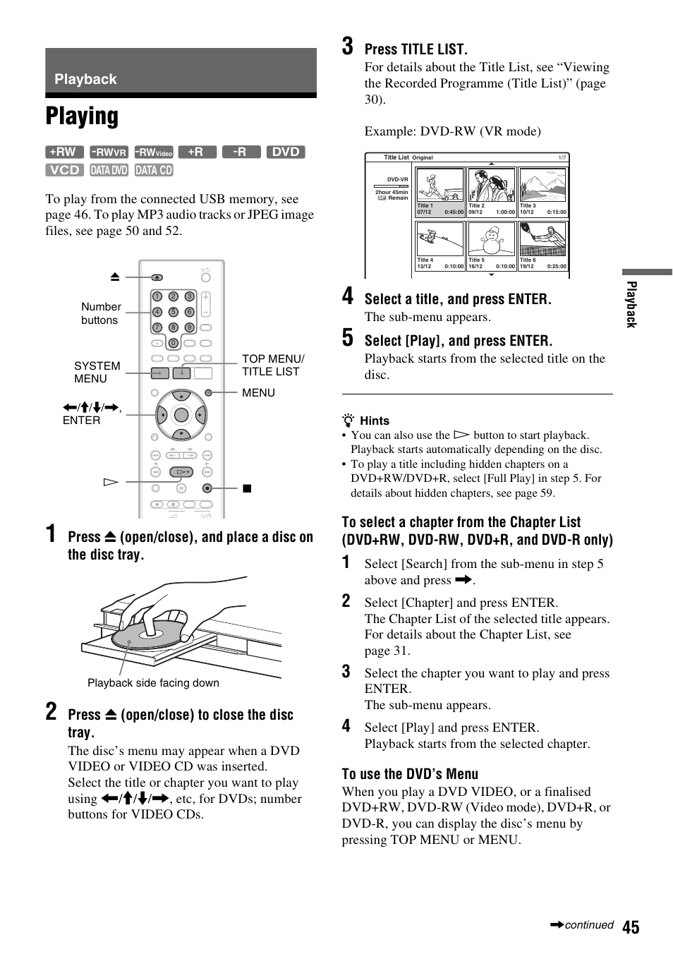 Playback, Playing, Nu (45) | Y) (45, 5, Press z (open/close) to close the disc tray, Press title list, Select a title, and press enter, Select [play], and press enter | Sony RDR-GX380 User Manual | Page 45 / 92