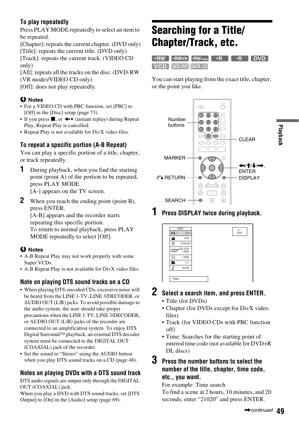 Searching for a title/ chapter/track, etc, Searching for a title/chapter/track, etc, Play mode (49 | Press display twice during playback, Select a search item, and press enter | Sony RDR-GX380 User Manual | Page 49 / 92