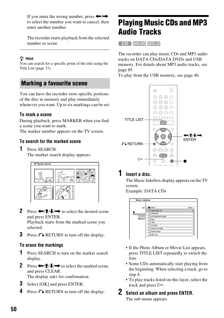 Playing music cds and mp3 audio tracks, Ch (50), Arker (50) | Marking a favourite scene, Insert a disc, Select an album and press enter | Sony RDR-GX380 User Manual | Page 50 / 92