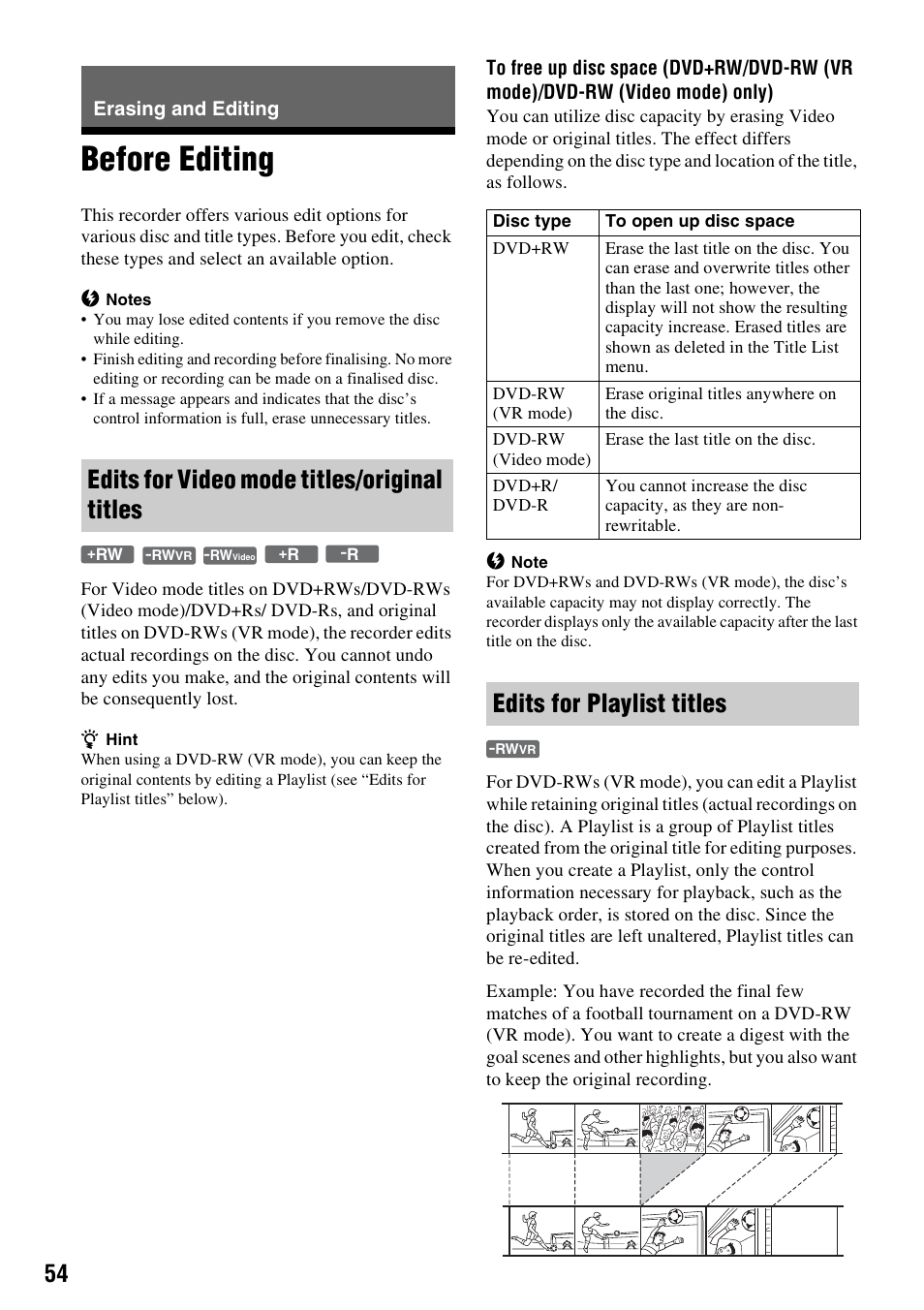 Erasing and editing, Before editing, Edits for video mode titles/original titles | Edits for playlist titles | Sony RDR-GX380 User Manual | Page 54 / 92