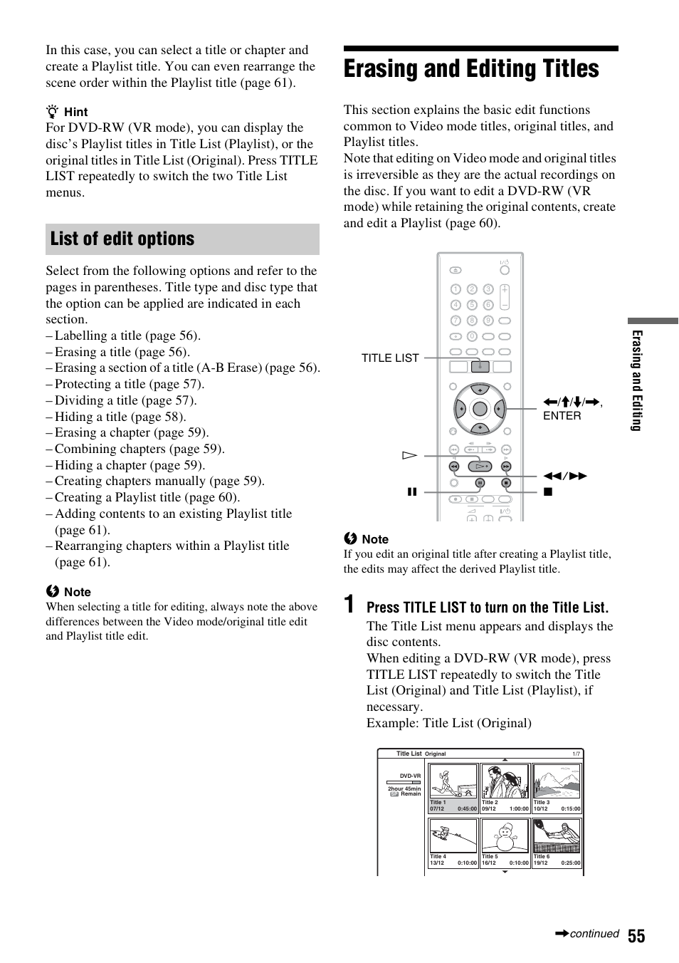 Erasing and editing titles, List of edit options, Press title list to turn on the title list | Sony RDR-GX380 User Manual | Page 55 / 92