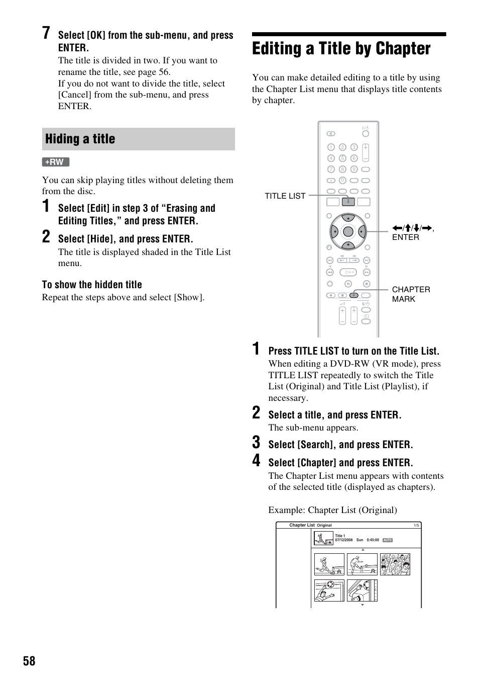 Editing a title by chapter, Hiding a title | Sony RDR-GX380 User Manual | Page 58 / 92