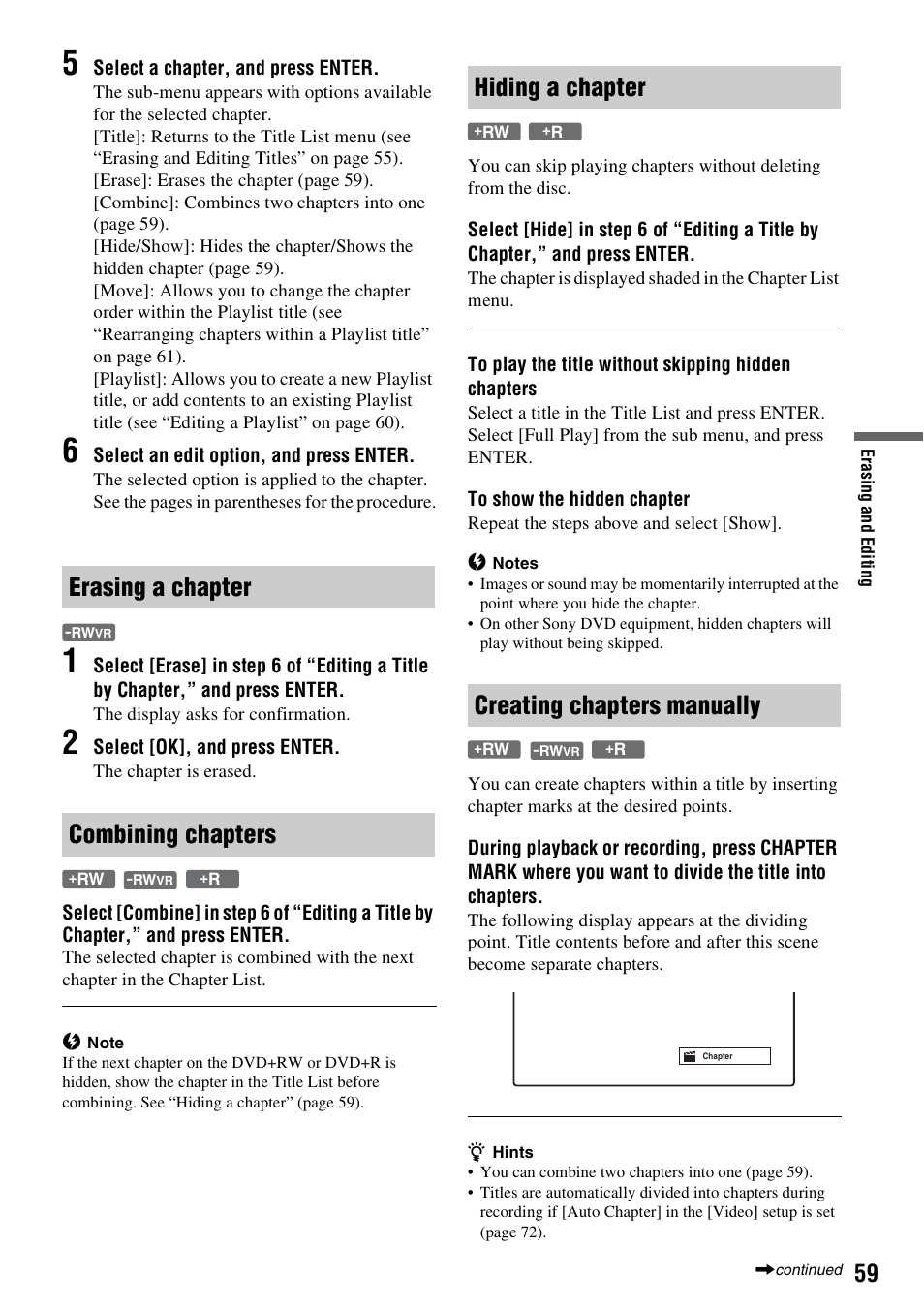 Ark (59, Erasing a chapter combining chapters, Hiding a chapter creating chapters manually | Sony RDR-GX380 User Manual | Page 59 / 92