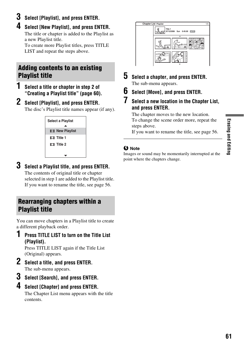 Rearranging chapters within a playlist title | Sony RDR-GX380 User Manual | Page 61 / 92