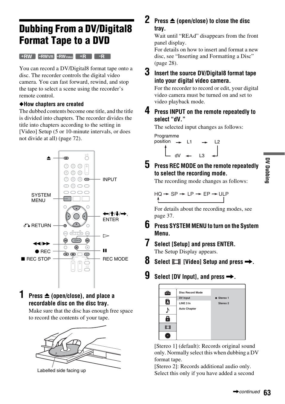 Dubbing from a dv/digital8 format tape to a dvd | Sony RDR-GX380 User Manual | Page 63 / 92