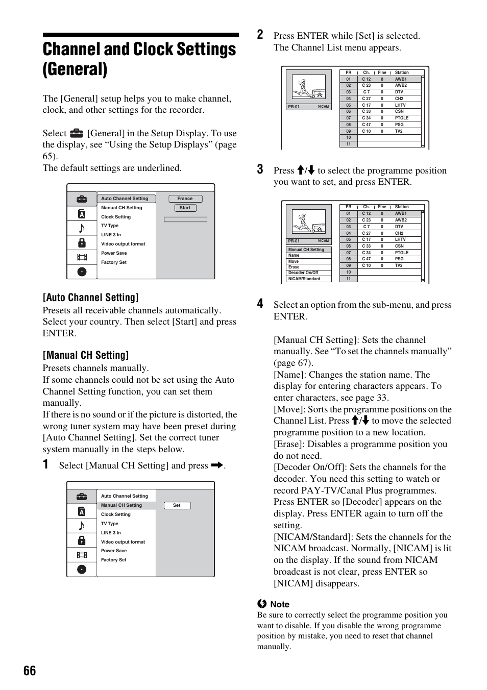 Channel and clock settings (general), Manual ch setting] i, Manual ch setting | Auto channel setting, Select [manual ch setting] and press | Sony RDR-GX380 User Manual | Page 66 / 92