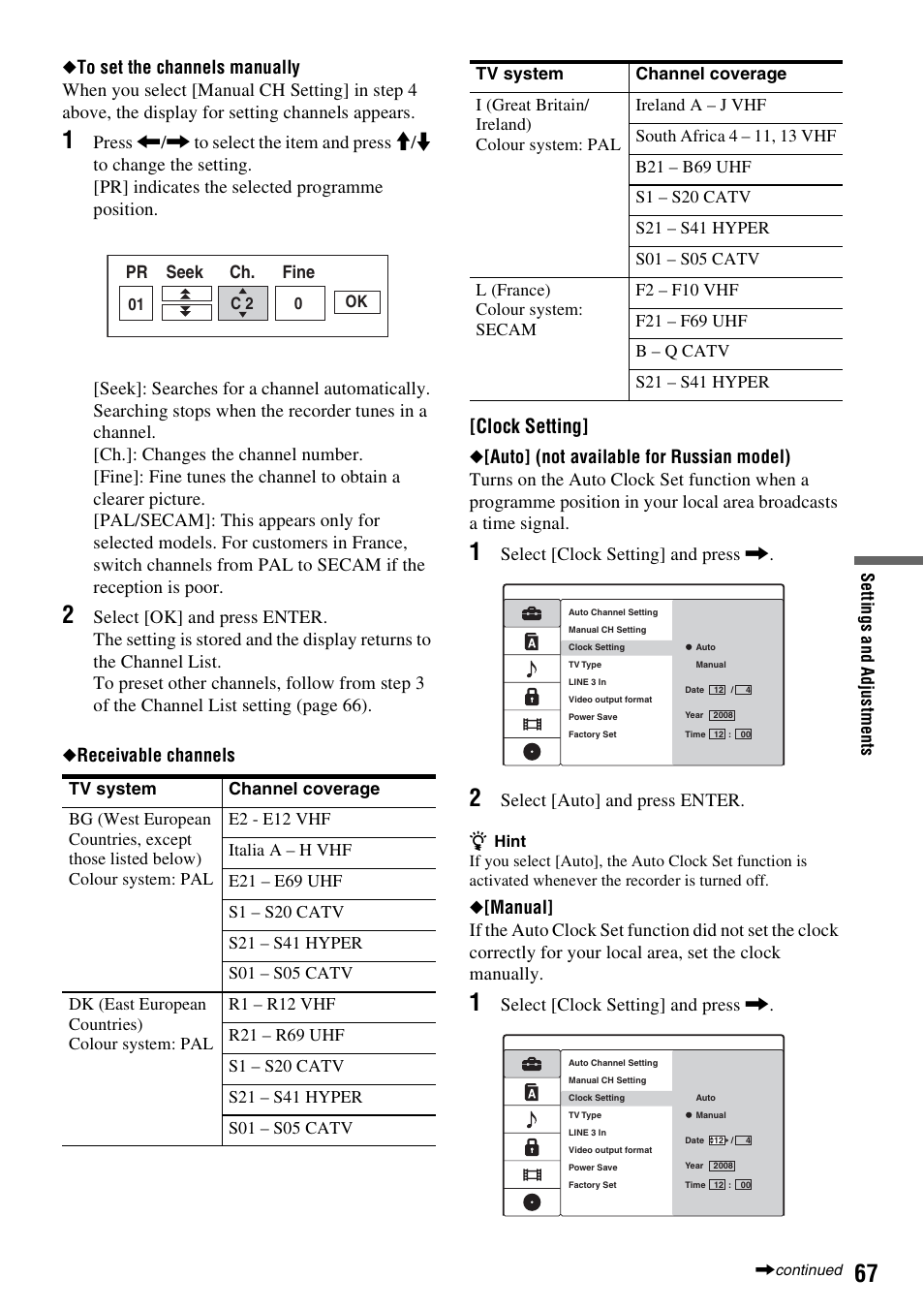 To set the channels manually, Clock setting | Sony RDR-GX380 User Manual | Page 67 / 92