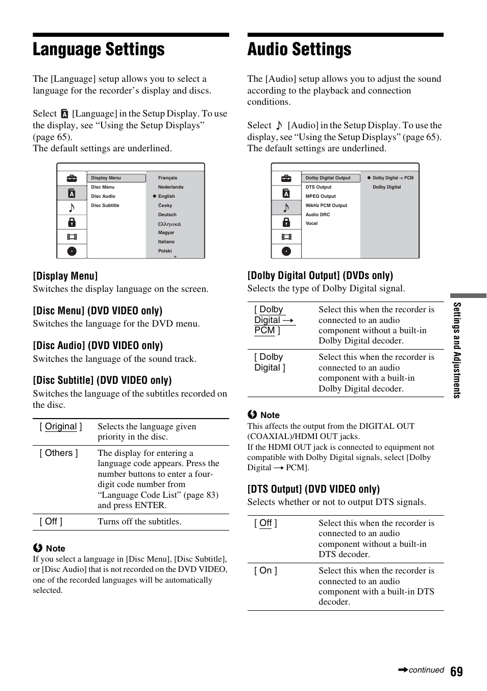 Language settings, Audio settings, Language settings audio settings | Display menu, Disc menu] (dvd video only), Disc audio] (dvd video only), Disc subtitle] (dvd video only), Dolby digital output] (dvds only), Dts output] (dvd video only) | Sony RDR-GX380 User Manual | Page 69 / 92