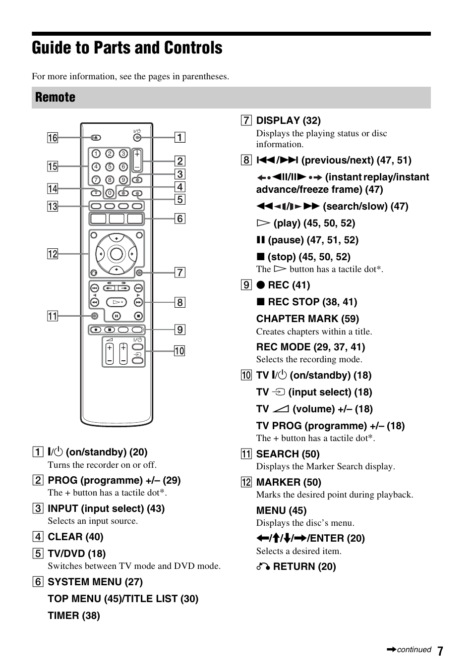 Guide to parts and controls, Remote | Sony RDR-GX380 User Manual | Page 7 / 92