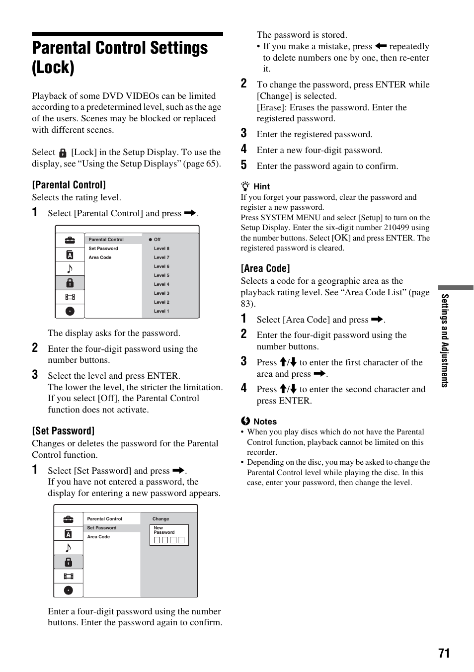 Parental control settings (lock) | Sony RDR-GX380 User Manual | Page 71 / 92