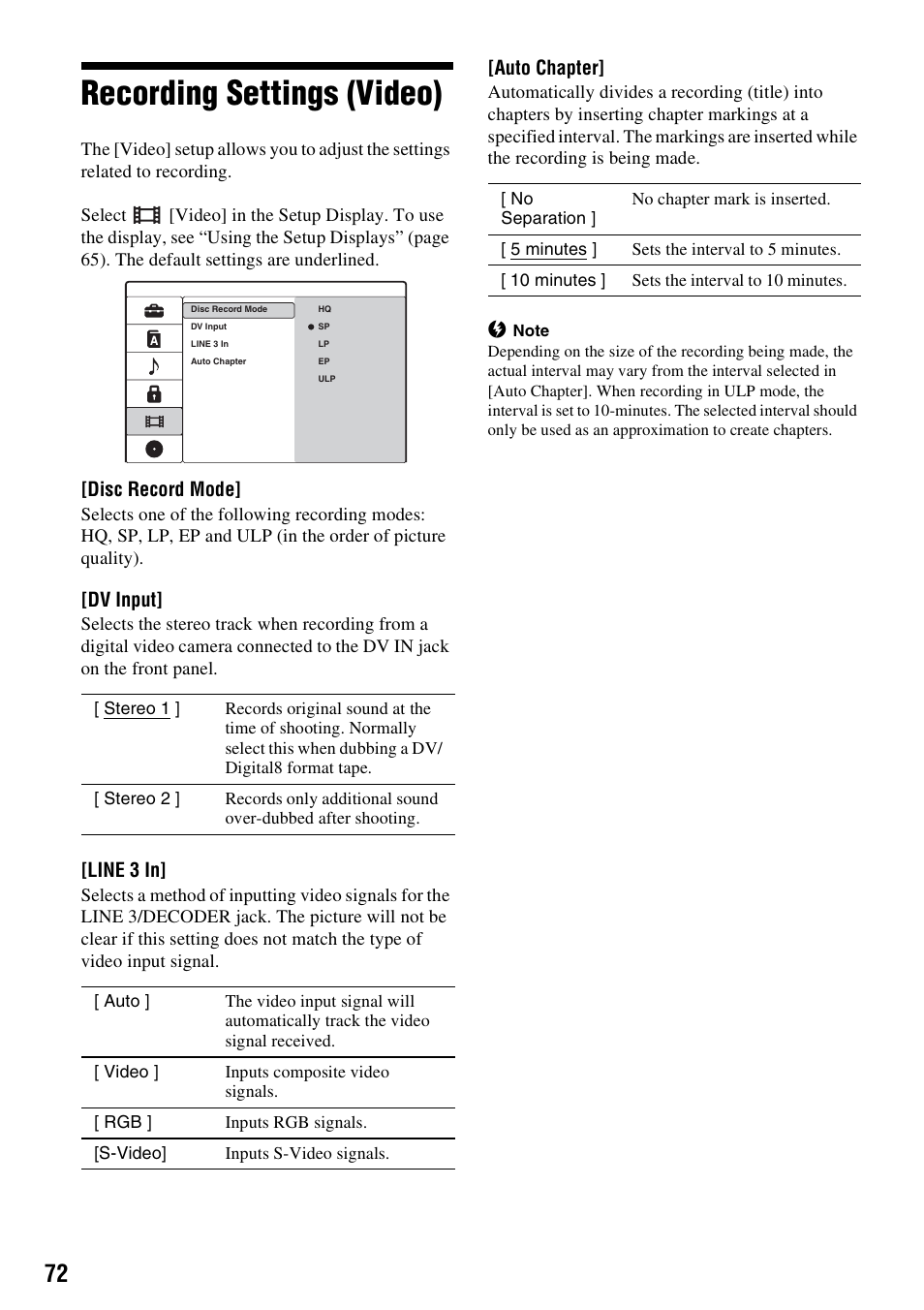 Recording settings (video) | Sony RDR-GX380 User Manual | Page 72 / 92