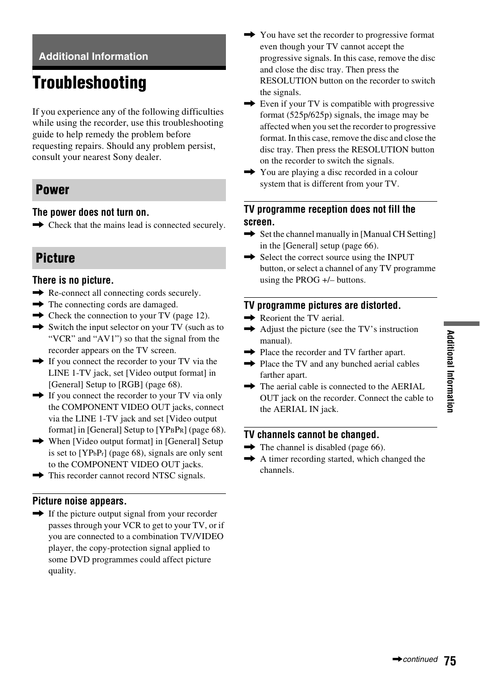 Additional information, Troubleshooting, Power picture | Sony RDR-GX380 User Manual | Page 75 / 92