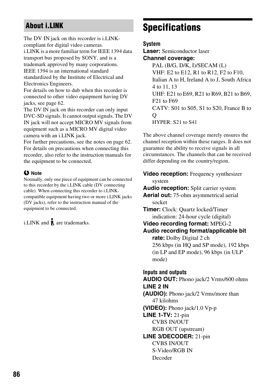 Specifications, About i.link | Sony RDR-GX380 User Manual | Page 86 / 92