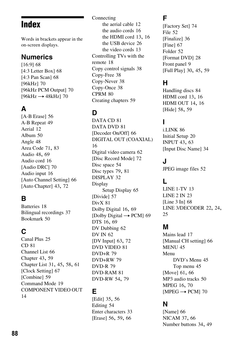 Index, Numerics | Sony RDR-GX380 User Manual | Page 88 / 92