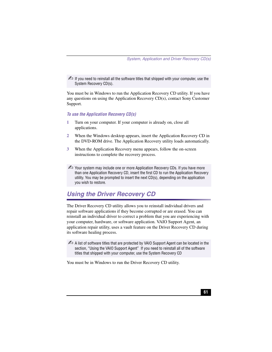 Using the driver recovery cd | Sony PCV-RX380DS User Manual | Page 61 / 100