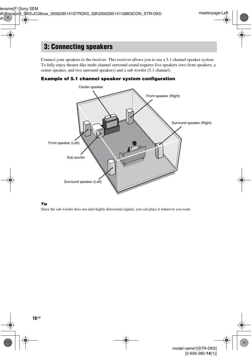 Connecting speakers | Sony Model STR-DK5 User Manual | Page 10 / 44