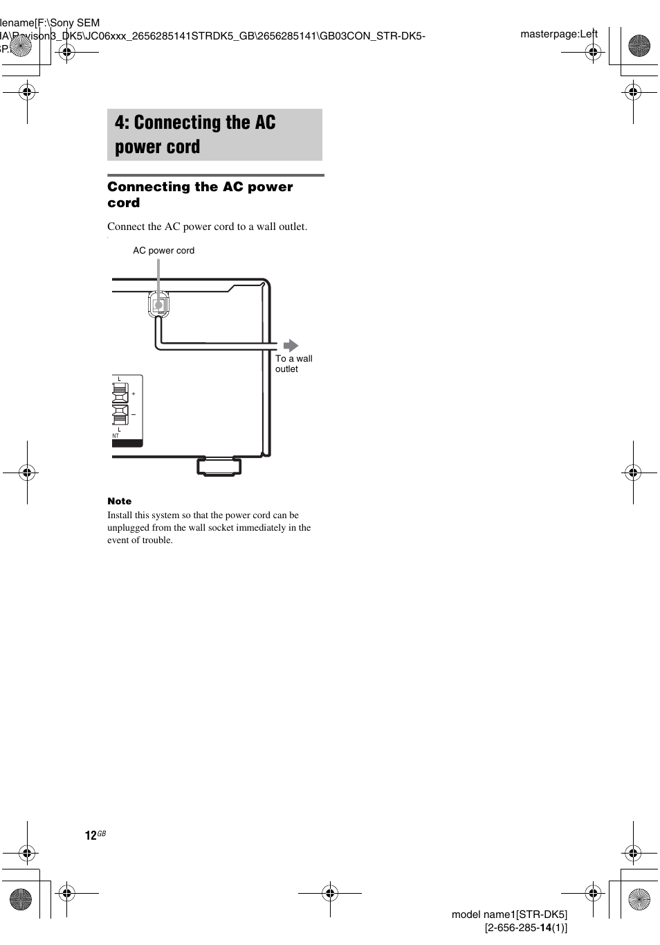 Connecting the ac power cord | Sony Model STR-DK5 User Manual | Page 12 / 44