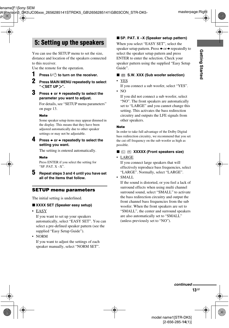 Setting up the speakers | Sony Model STR-DK5 User Manual | Page 13 / 44