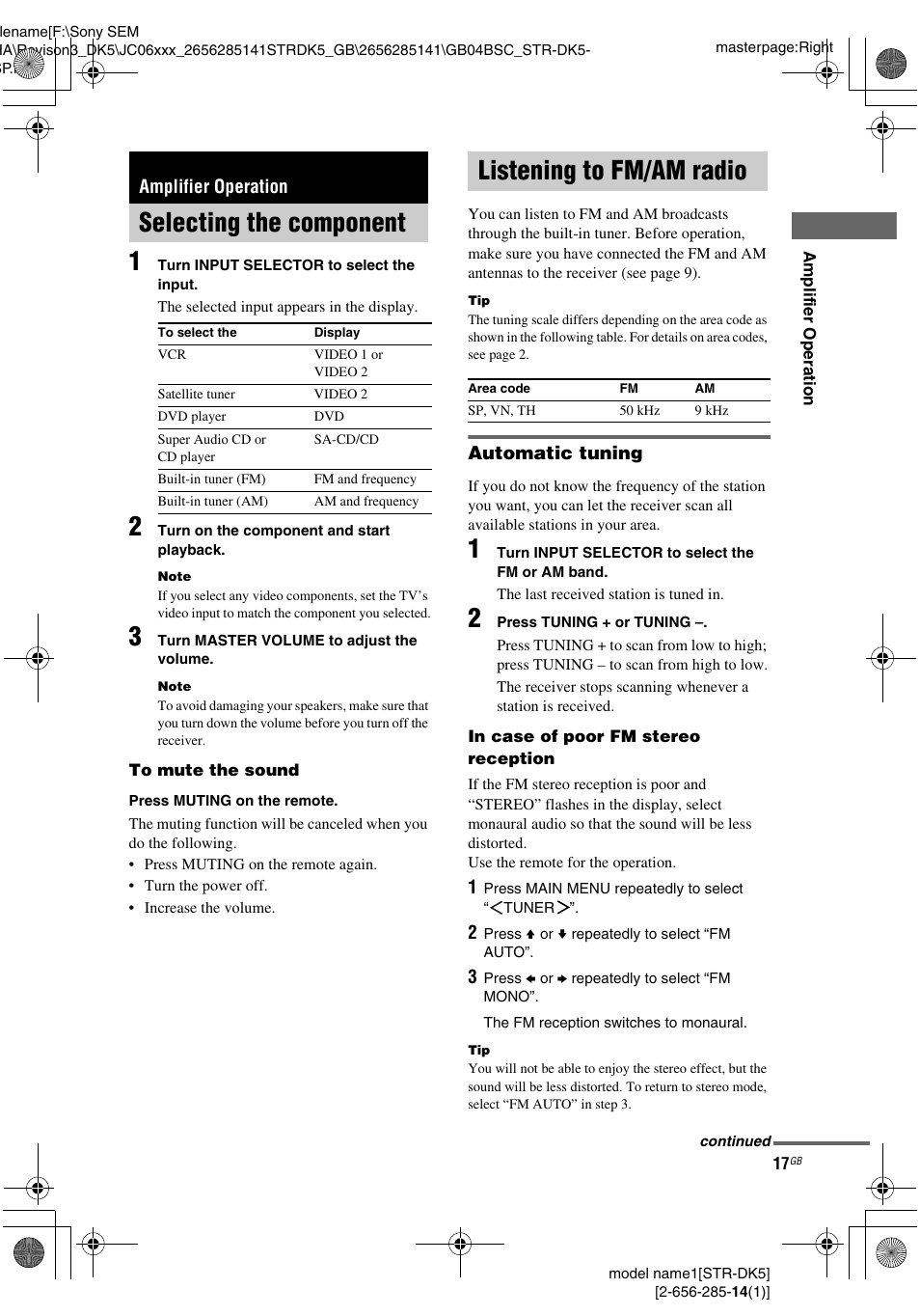 Amplifier operation, Selecting the component, Listening to fm/am radio | Selecting the component listening to fm/am radio | Sony Model STR-DK5 User Manual | Page 17 / 44