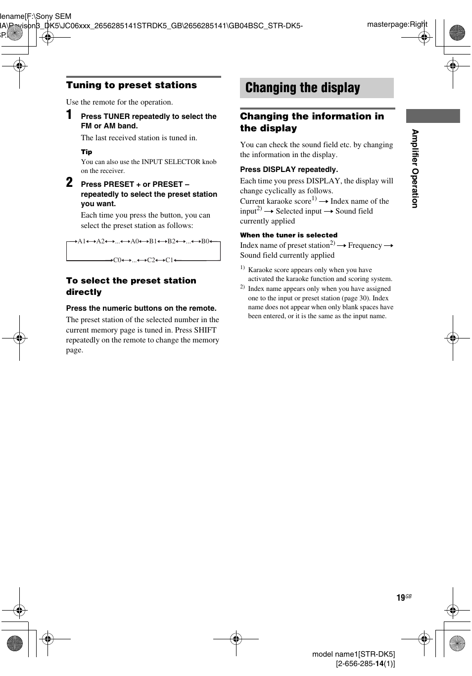 Changing the display | Sony Model STR-DK5 User Manual | Page 19 / 44