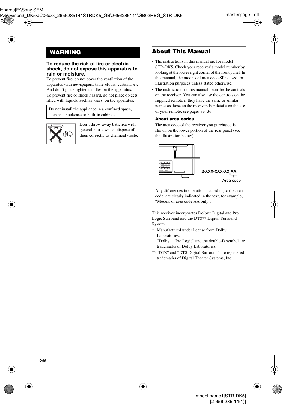 About this manual, Warning | Sony Model STR-DK5 User Manual | Page 2 / 44