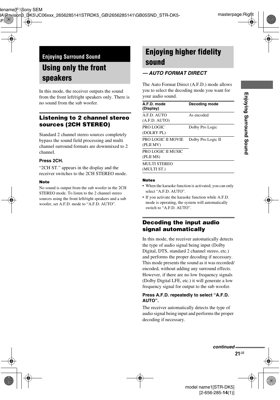 Enjoying surround sound, Using only the front speakers, Enjoying higher fidelity sound | Auto format direct, Listening to 2 channel stereo sources (2ch stereo), Decoding the input audio signal automatically | Sony Model STR-DK5 User Manual | Page 21 / 44