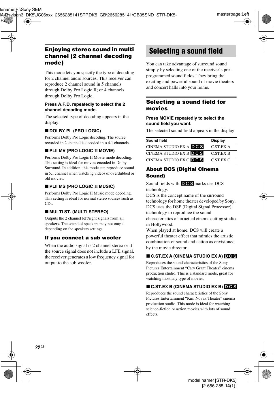 Selecting a sound field, Selecting a sound field for movies | Sony Model STR-DK5 User Manual | Page 22 / 44