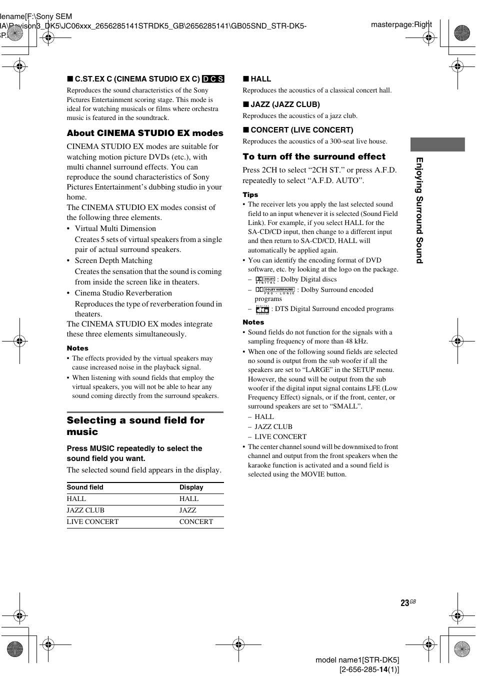 Selecting a sound field for music | Sony Model STR-DK5 User Manual | Page 23 / 44