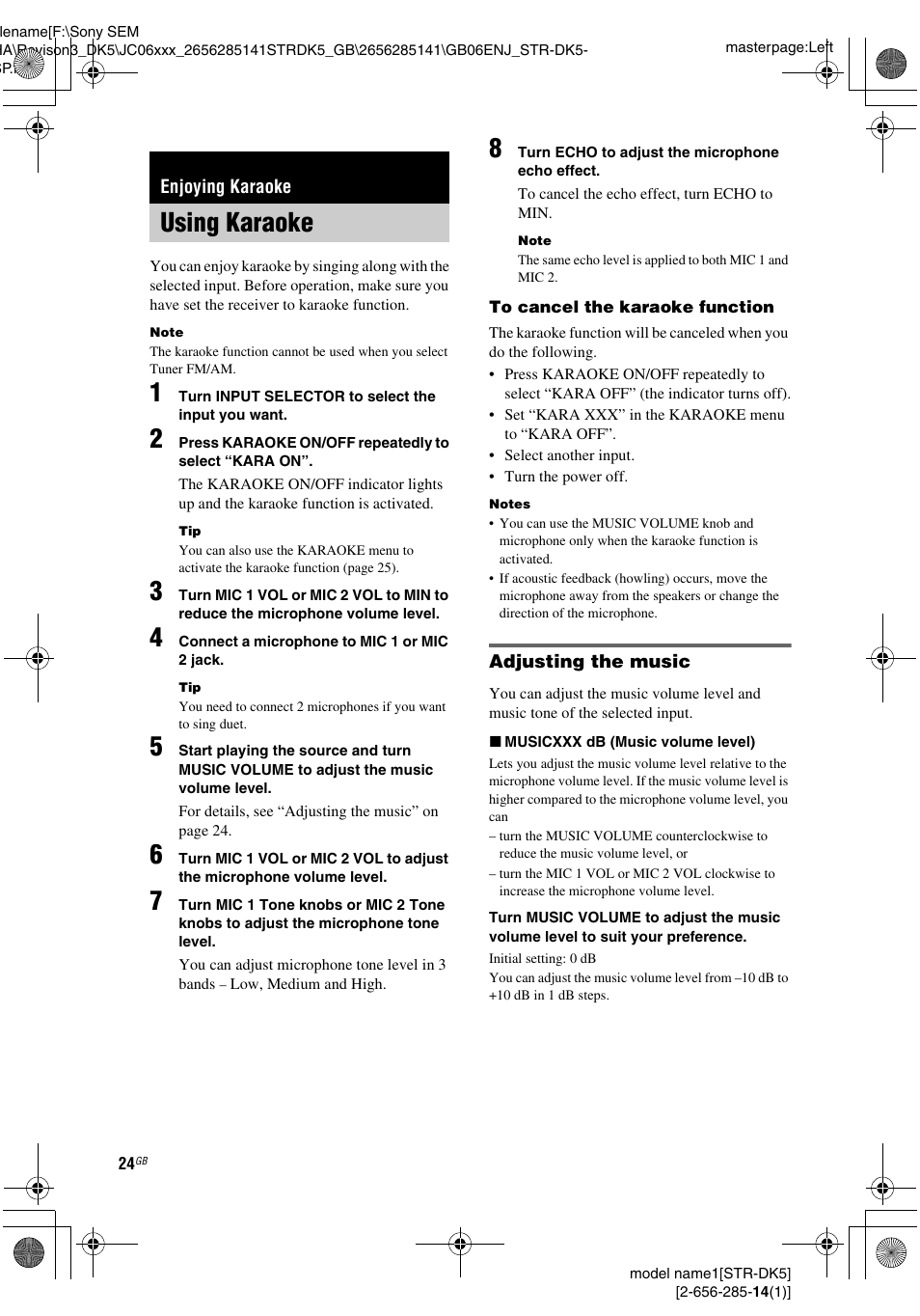 Enjoying karaoke, Using karaoke | Sony Model STR-DK5 User Manual | Page 24 / 44