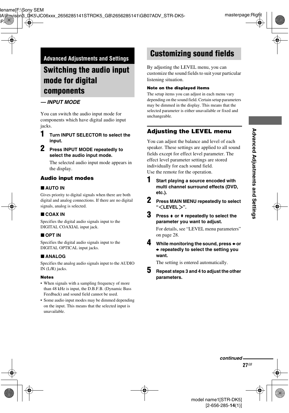 Advanced adjustments and settings, Input mode, Customizing sound fields | Switching the audio input mode for digital, Components — input mode | Sony Model STR-DK5 User Manual | Page 27 / 44