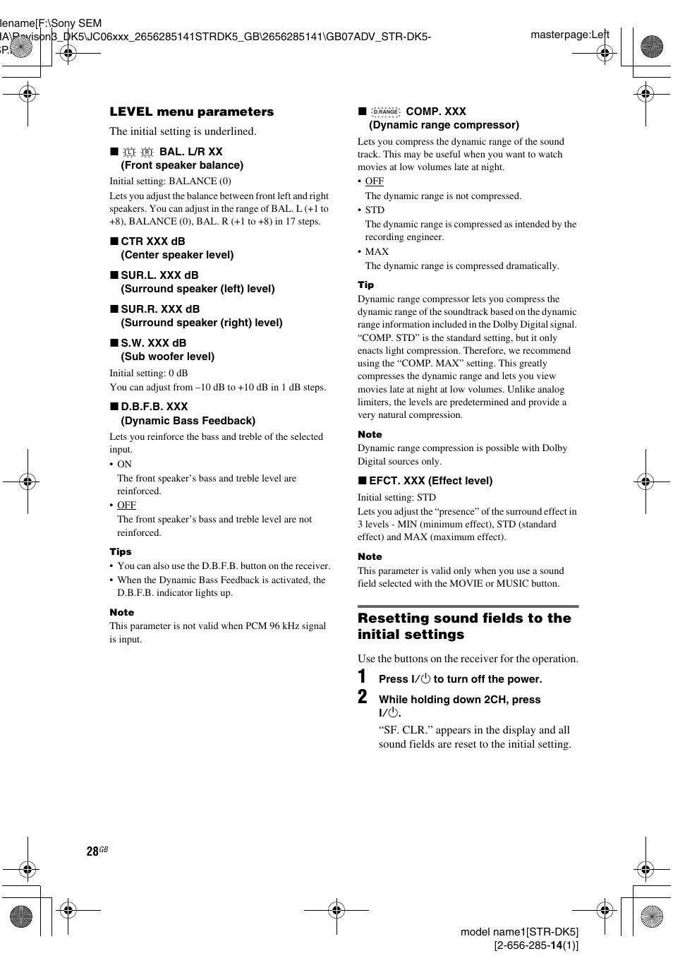 Resetting sound fields to the initial settings | Sony Model STR-DK5 User Manual | Page 28 / 44