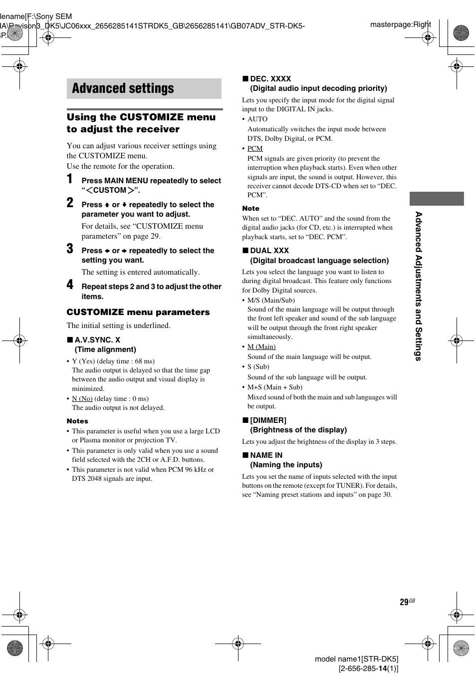 Advanced settings | Sony Model STR-DK5 User Manual | Page 29 / 44