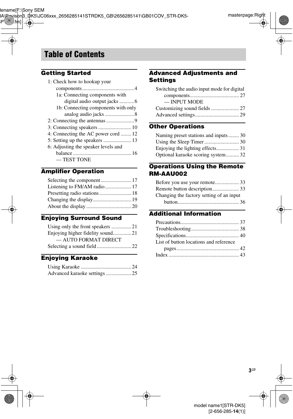 Sony Model STR-DK5 User Manual | Page 3 / 44